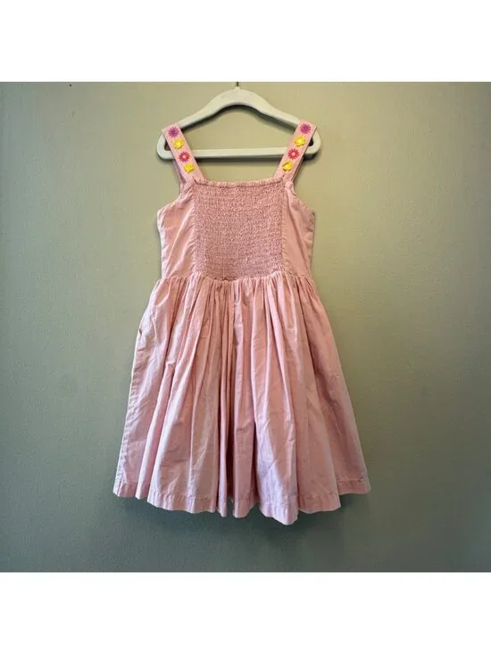 MINI BODEN Embroidered Sundress Girls 6-7 Pink Smocked Dress Flowers Applique - Picture 2 of 9
